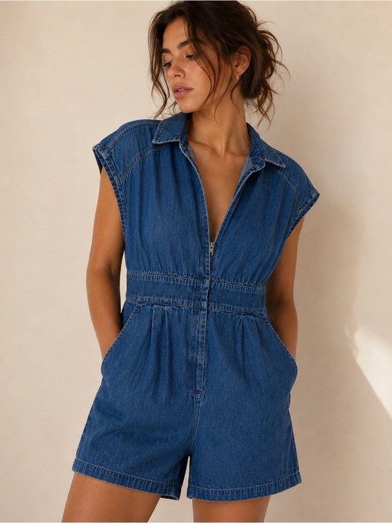 Zapelle Pants - Zapelle Custom 100% Cotton Retro Sleeveless Denim Zip Romper in Dark Blue